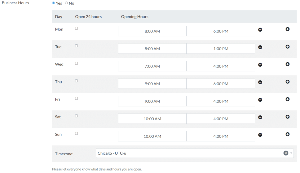 Demo of the listing form for entering daily business hours.