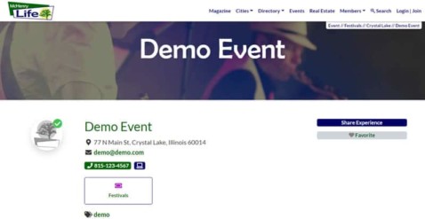 Demo event listing contact and address information.