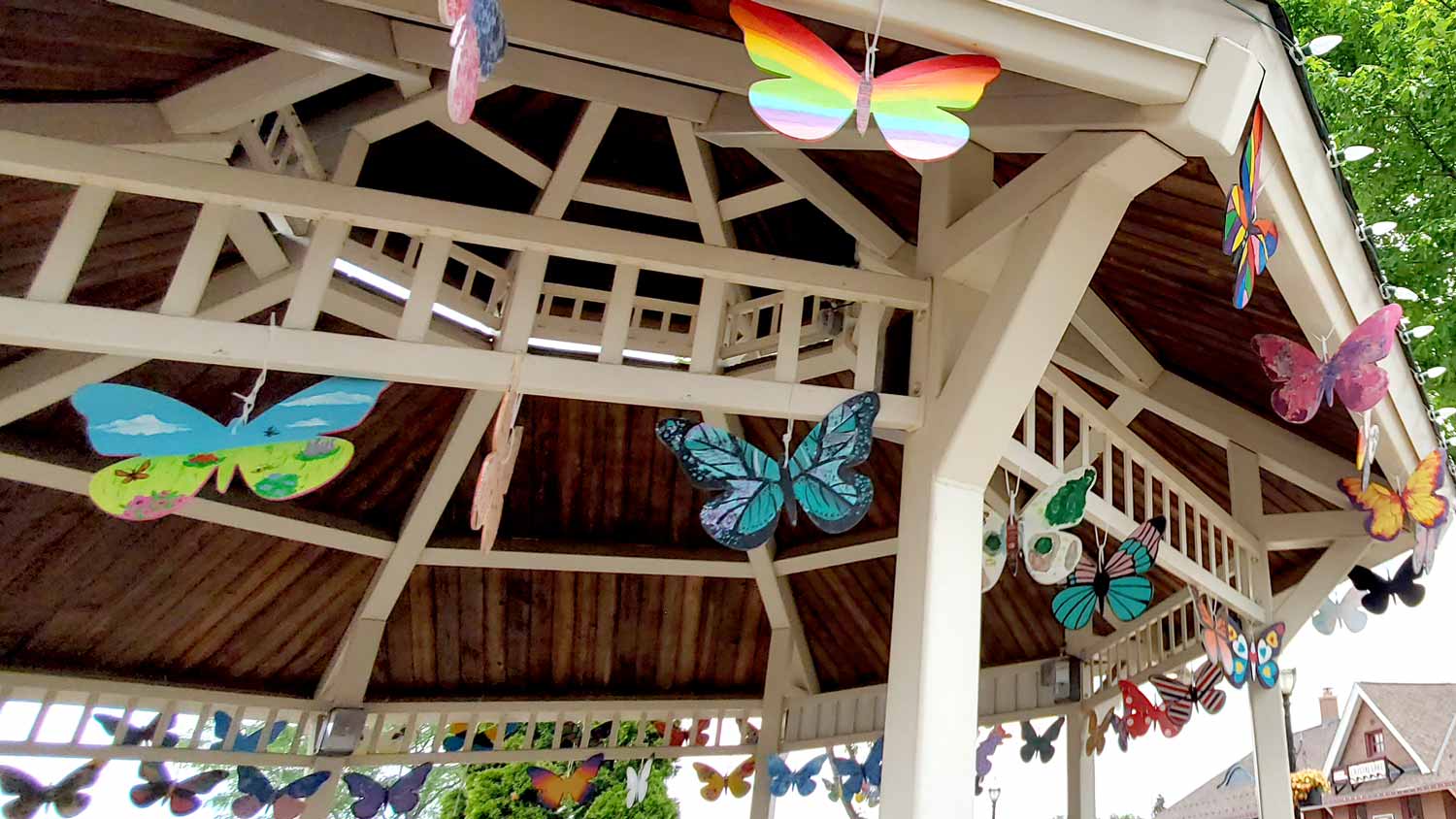 Decorative butterflies in the gazebo at the Downtown Crystal Lake Farmers Market.
