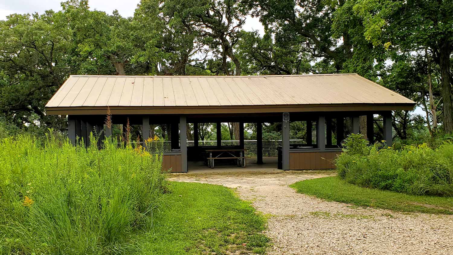 Covered picnic shelter near the amphitheater at the Pleasant Valley Conservation Area.