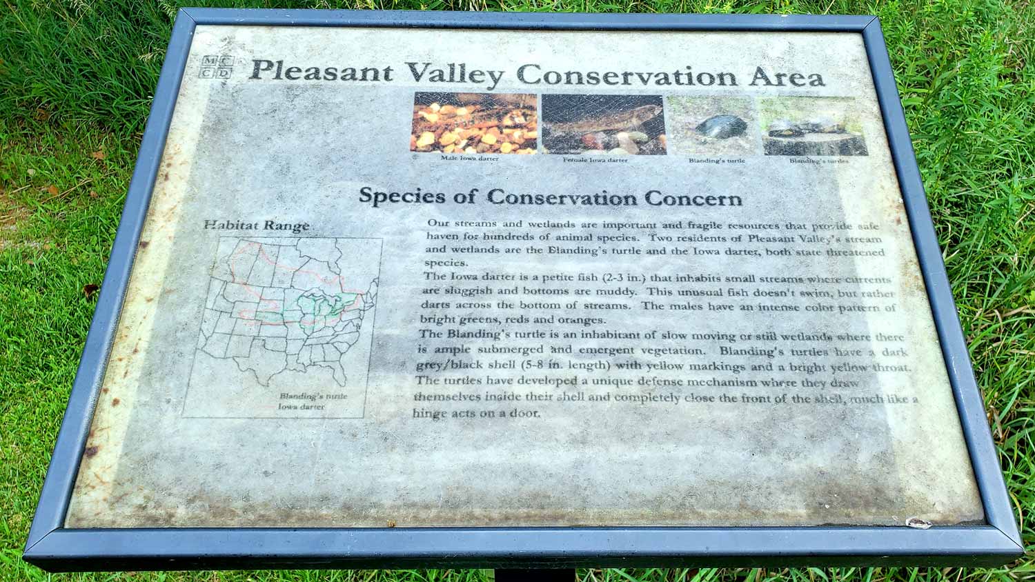 Informational placard near Laughing Creek at the Pleasant Valley Conservation Area.