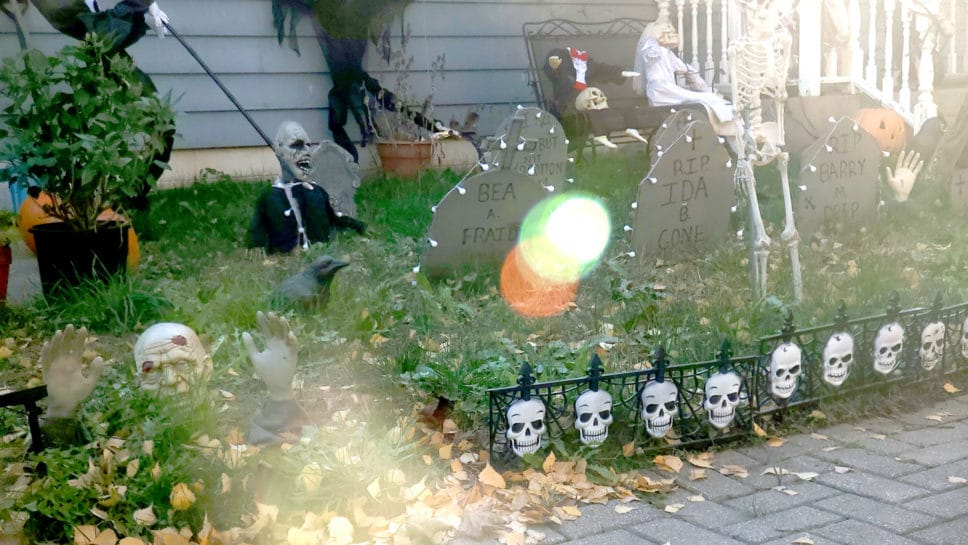 Halloween graveyard decorations.
