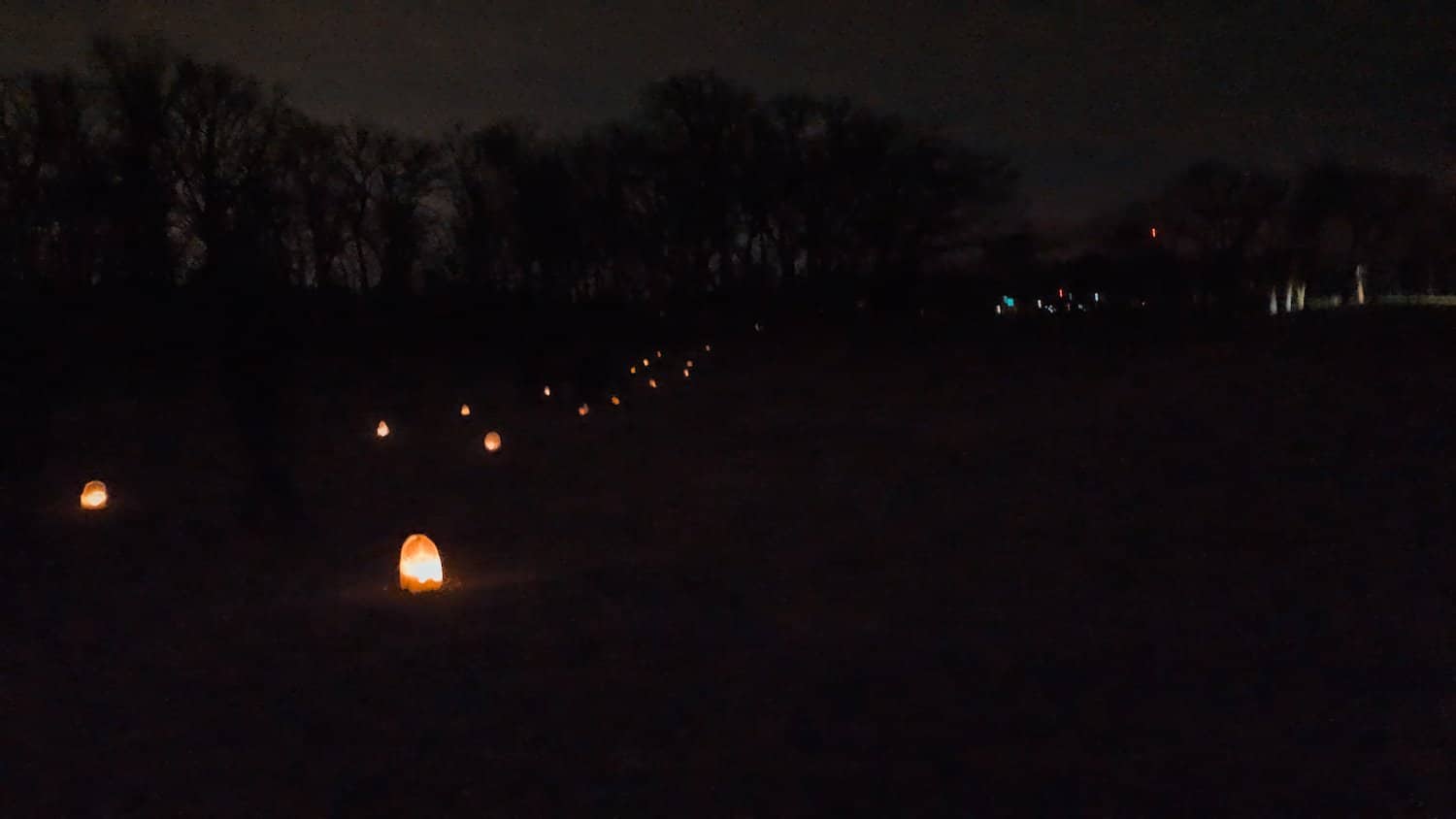 Luminarias lighting the path across the grass, back to the pond.