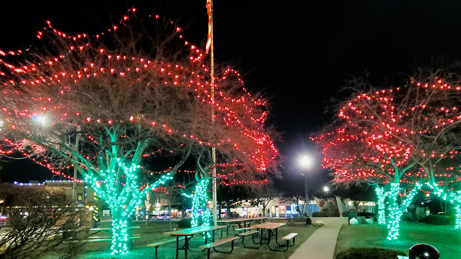 Red and green lights on trees in Depot Park.