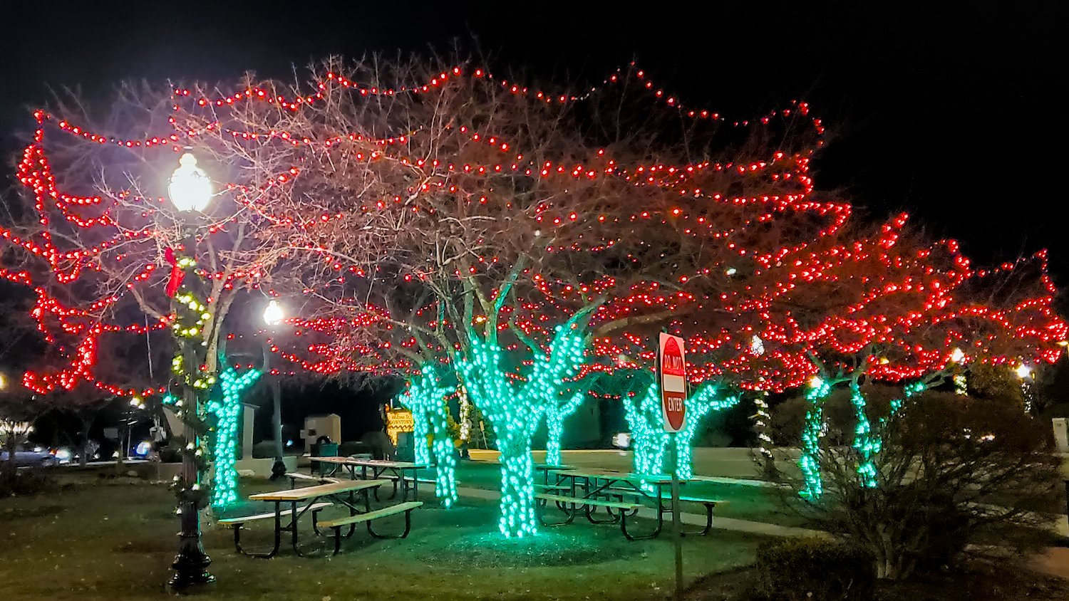 Depot Park, decorated for Christmas.