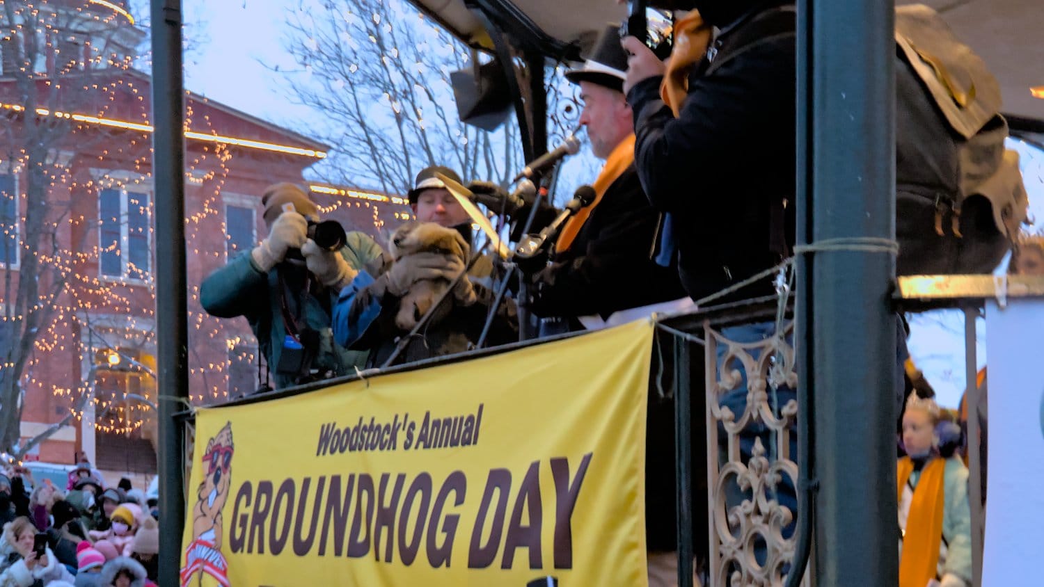 Mayor Mike Turner reads the official groundhog day proclamation to announce Woodstock Willie's prognostication.