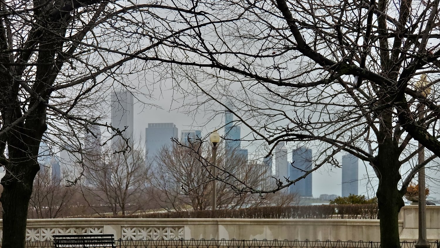 Foggy Chicago skyline.