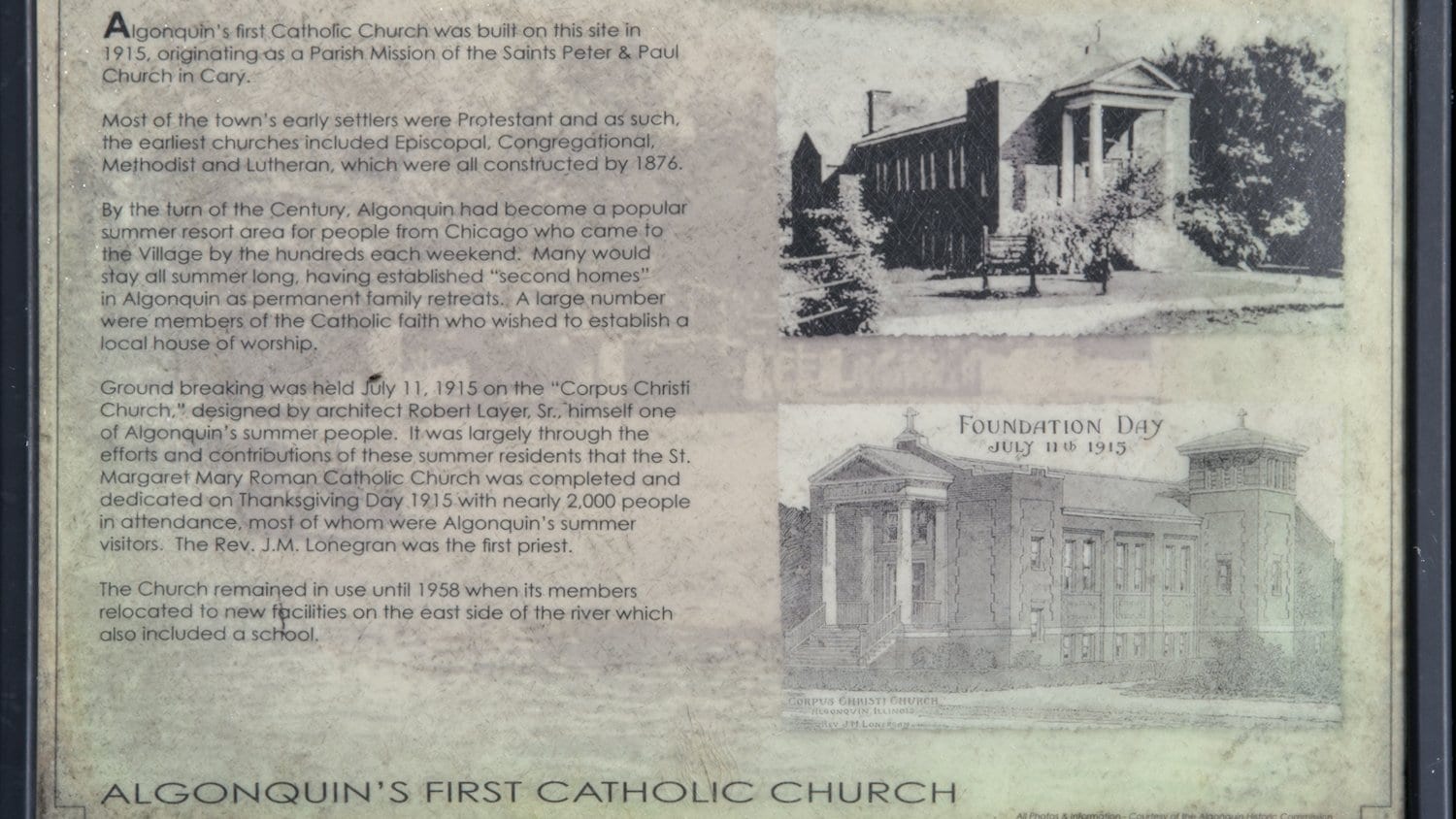 Historical plaque detailing Algonquin's first Catholic Church.
