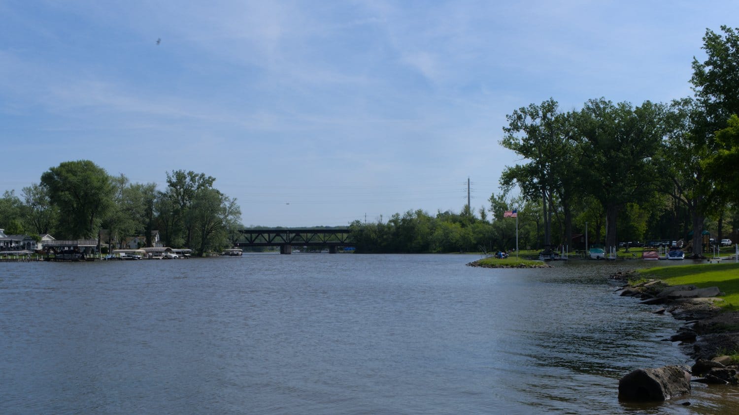 Looking north at the Fox River toward Lions Park and the train bridge.