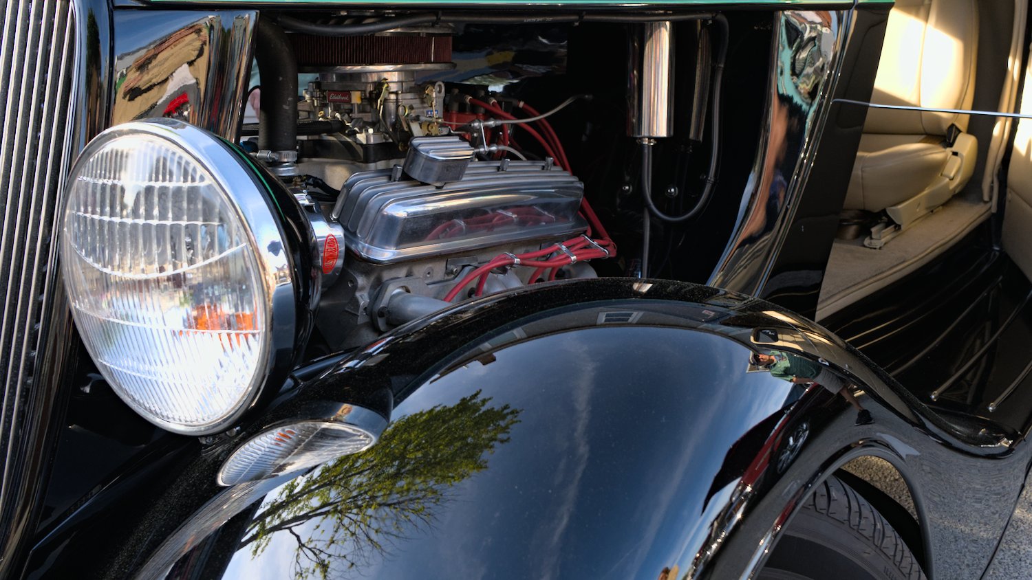 Engine compartment of hot rod.
