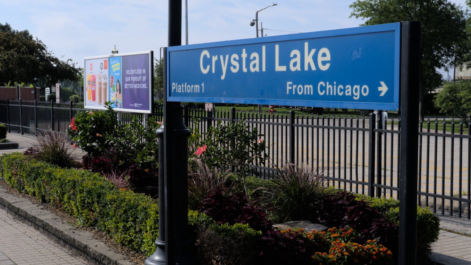 Crystal Lake Metra platform sign.
