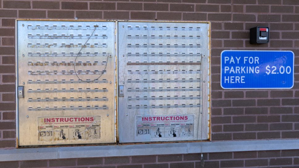 Parking slot payment wall at the Fox River Grove train station.