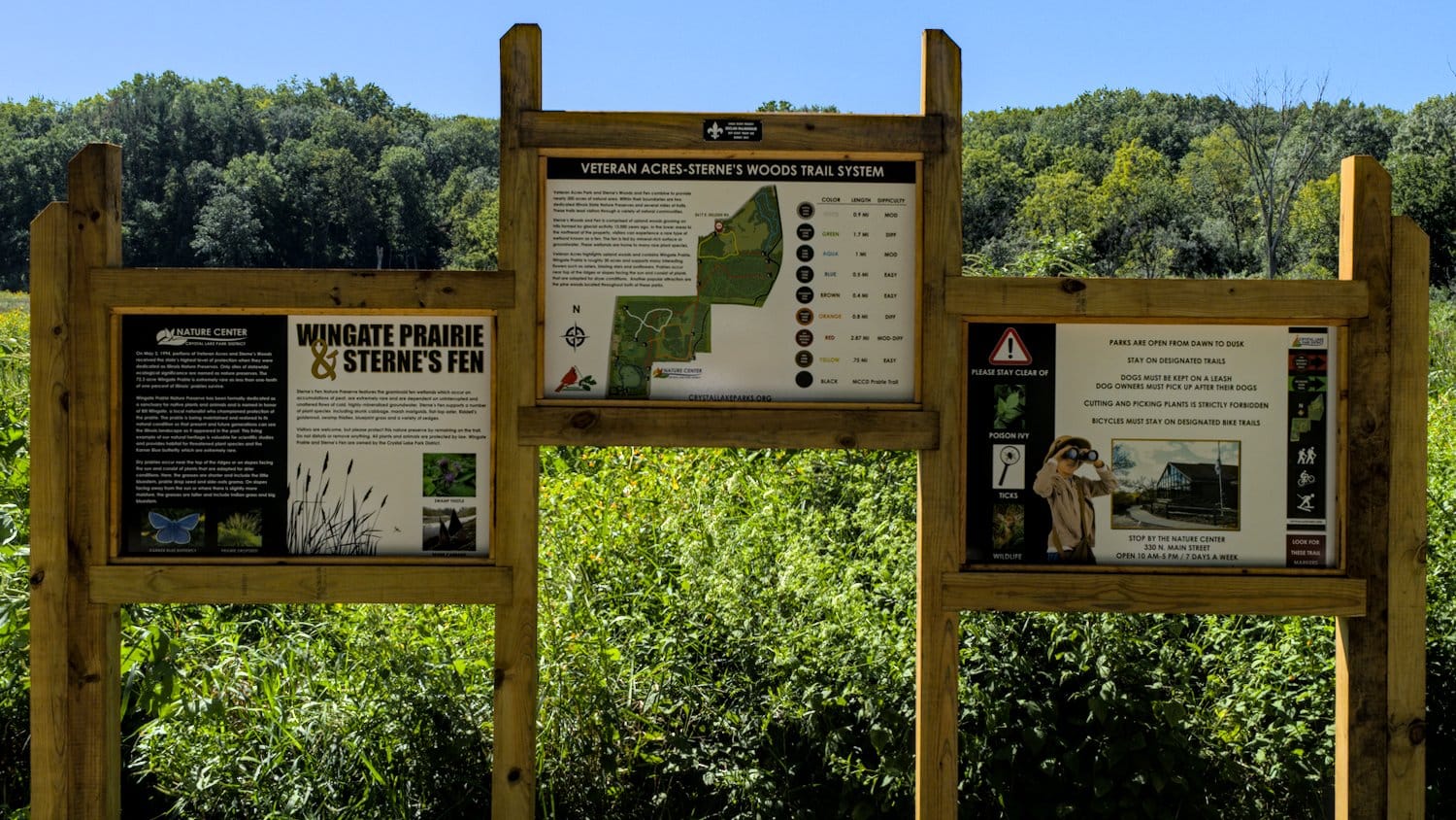 Information signage and trail map for Sterne's Woods & Fen and the Wingate Prairie.