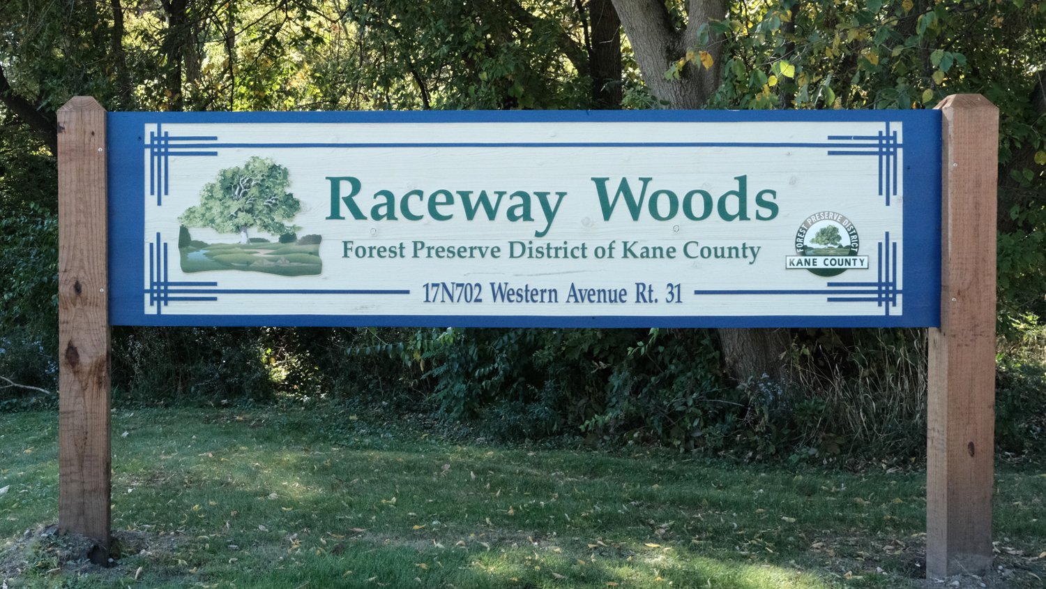 Raceway Woods entrance sign.