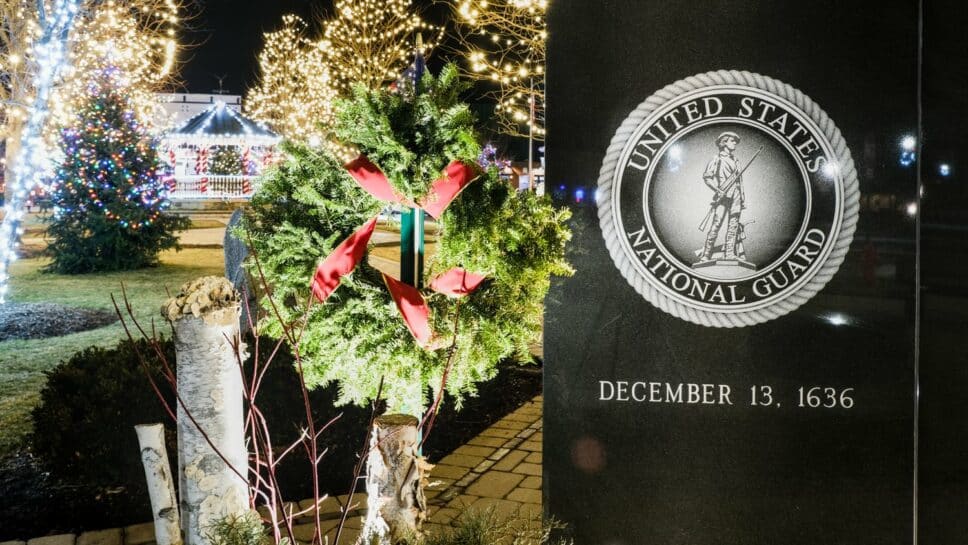 Huntley Veterans Memorial with Christmas wreath.