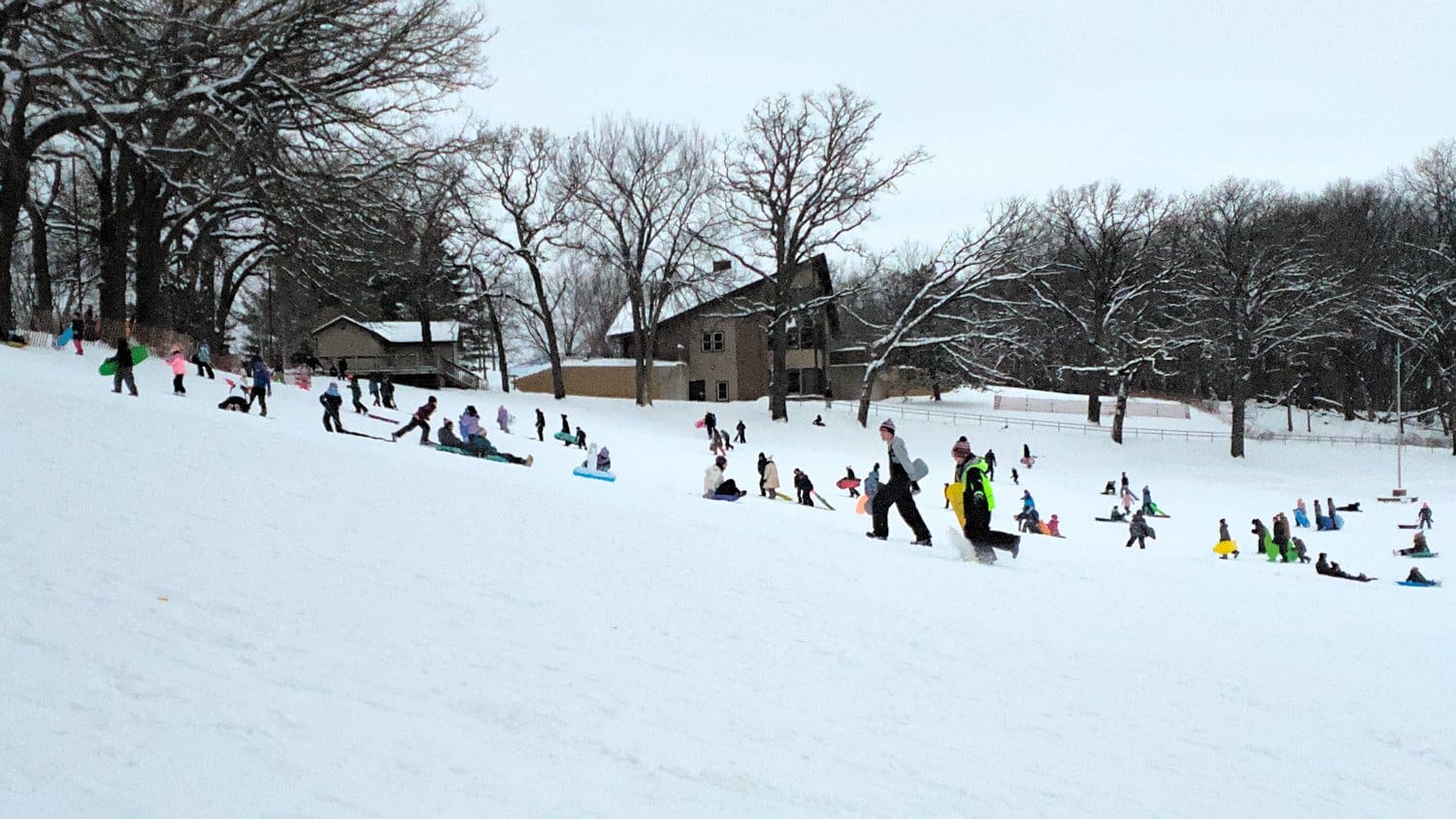 Kids and adults sledding on the hill at Veteran Acres Park.