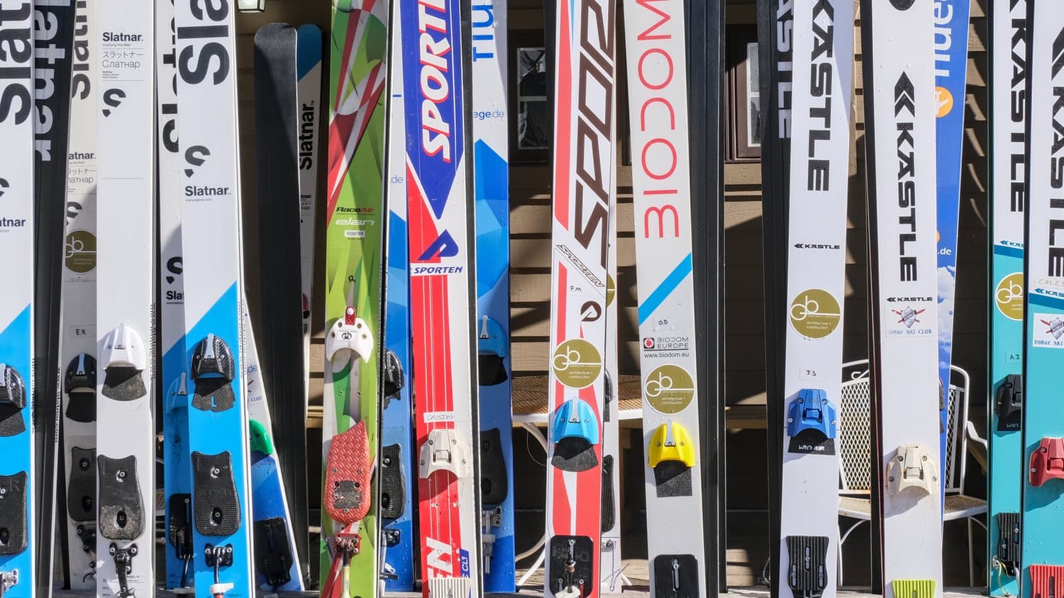 Skis lined up outside the clubhouse at the 118th annual Norge Ski Club, winter tournament, 2023.