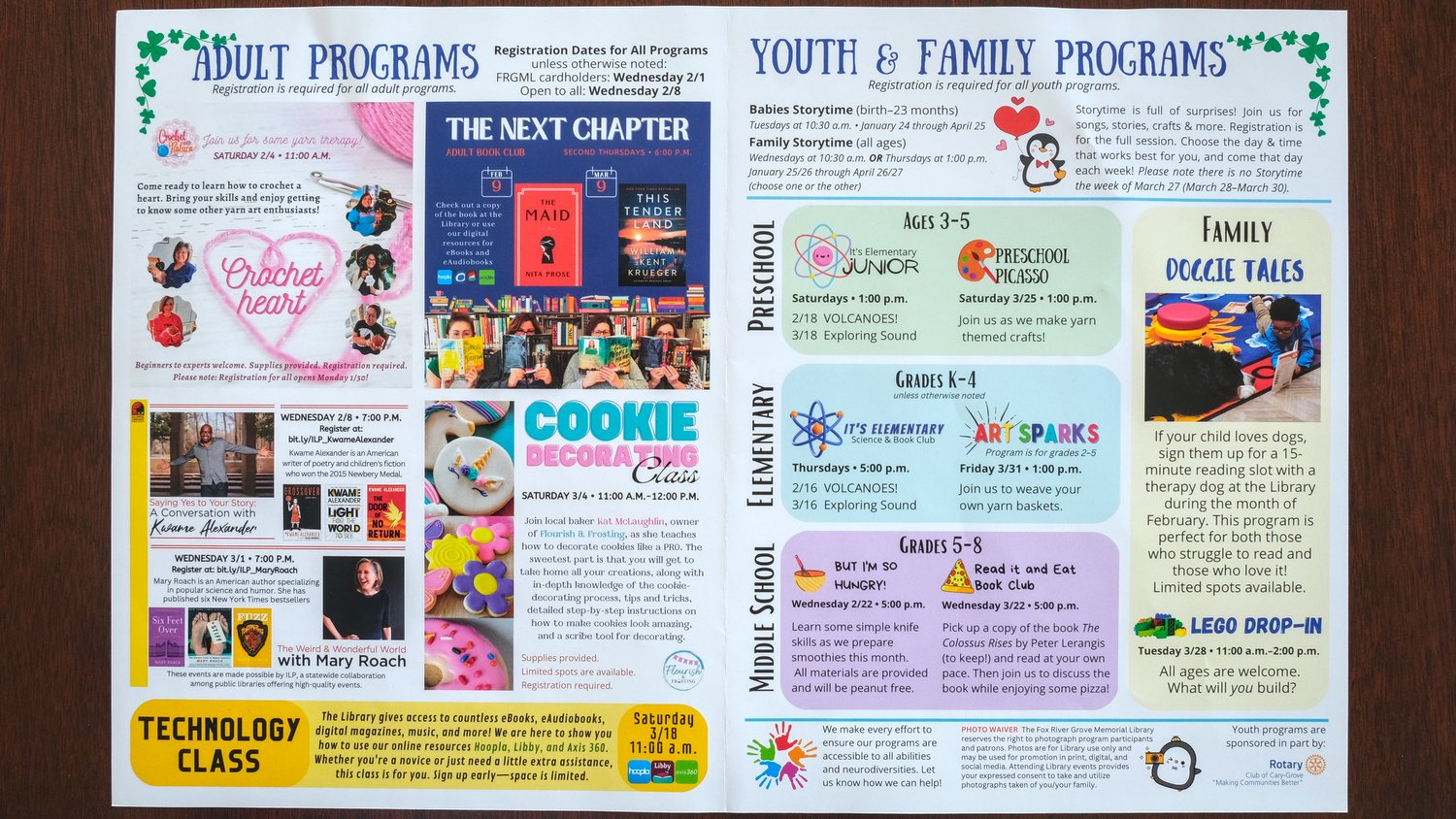 Library mailer listing many programs and activities.