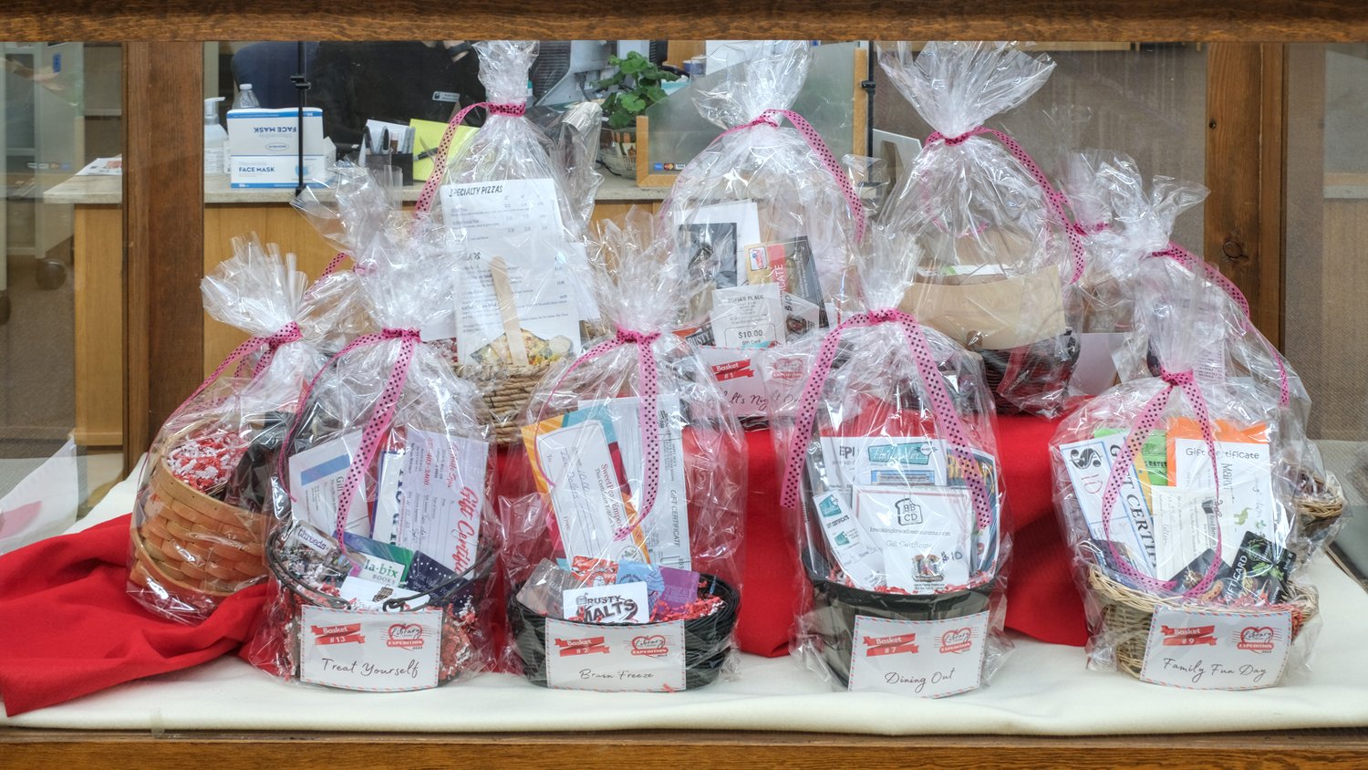 Library Lovers Expedition gift baskets on display.