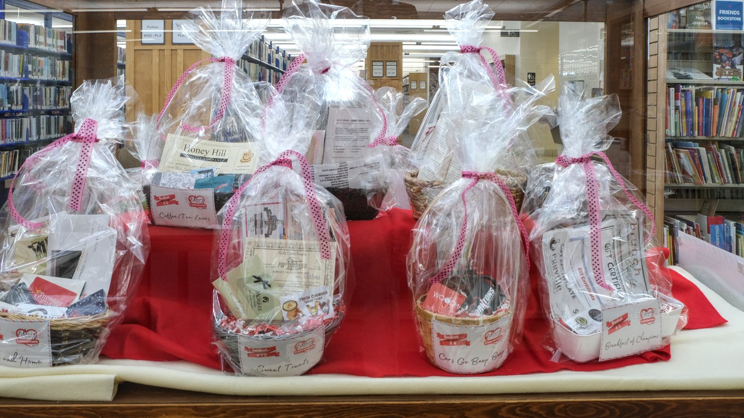 Library Lovers Expedition gift baskets on display.