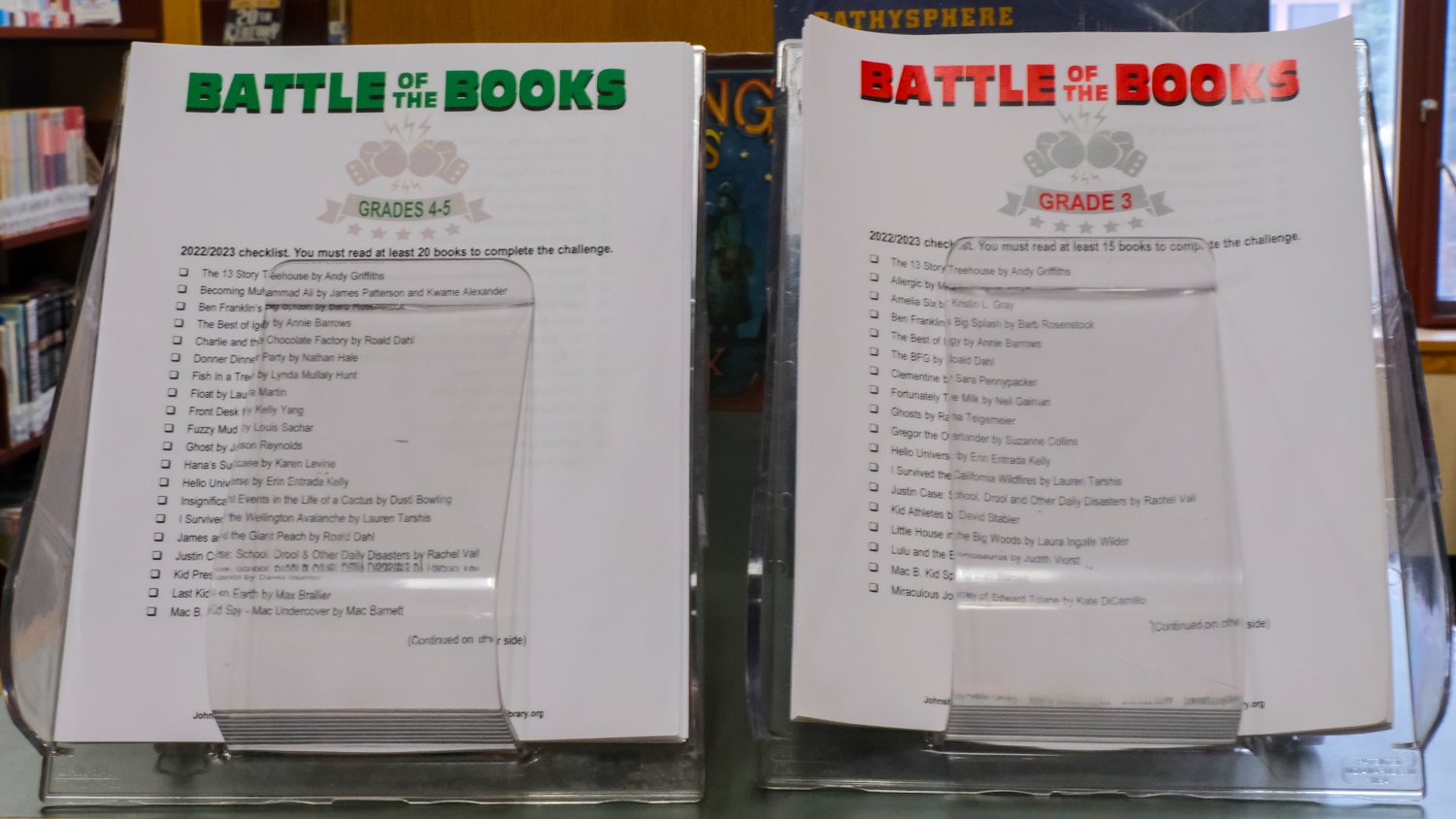 Battle of the Books reading challenge sheets.