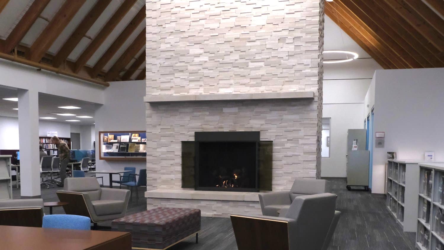 Two-sided fireplace at the library.