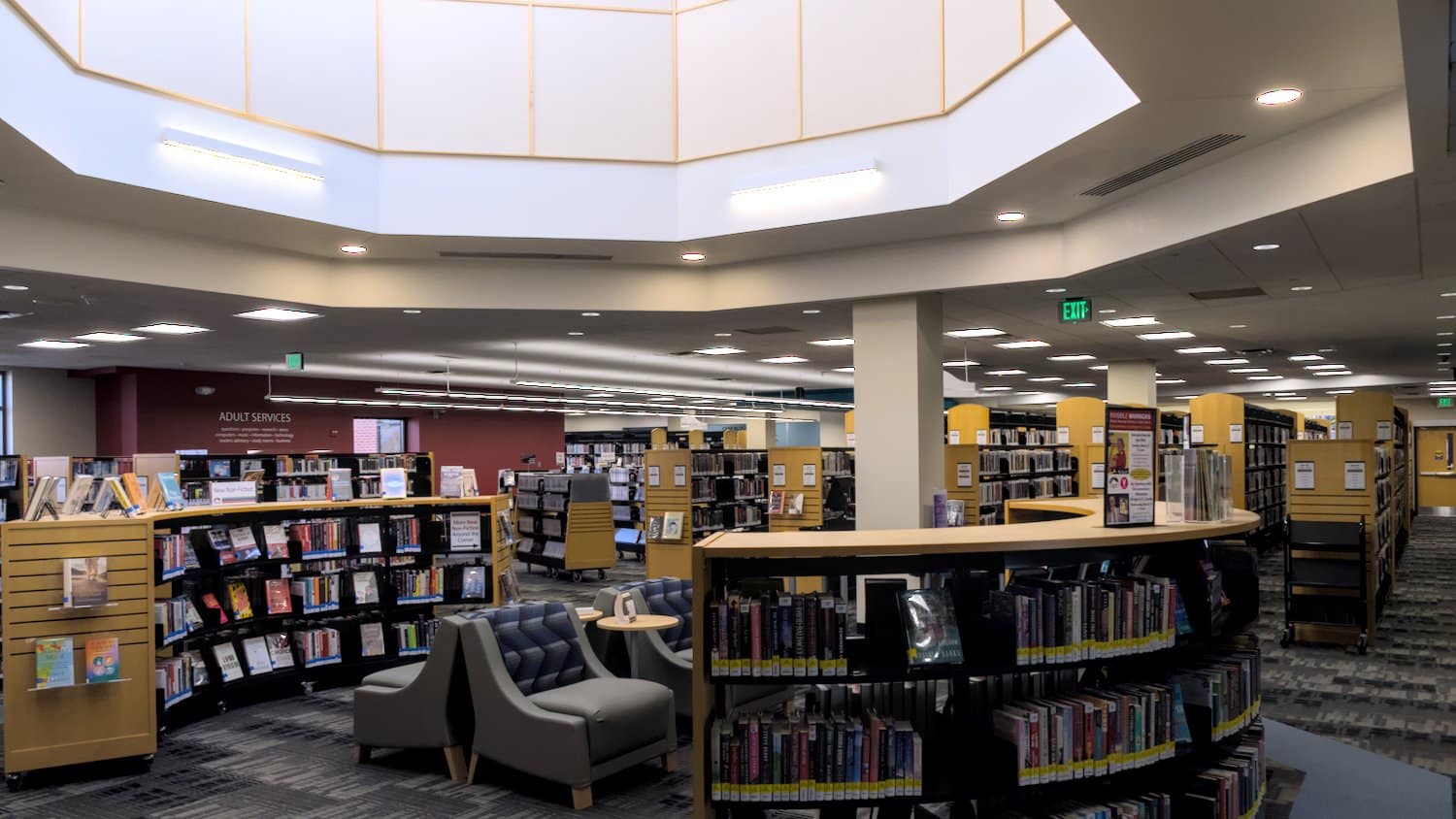 Library stacks and seating.