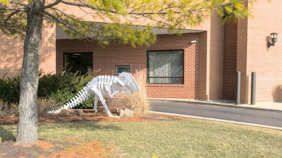 Dinosaur sculpture near the drive-up window.