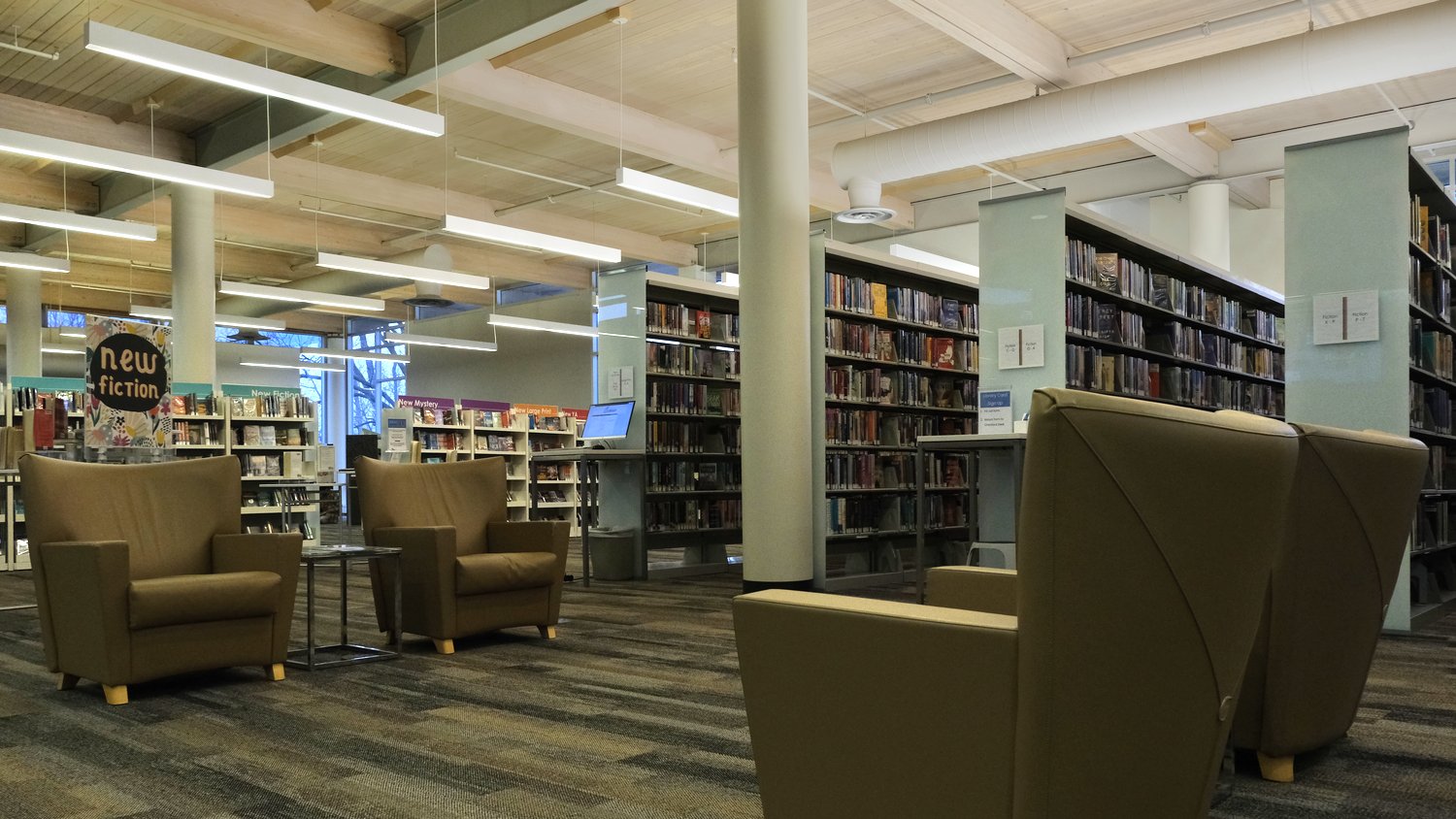 Comfy chairs throughout the library.