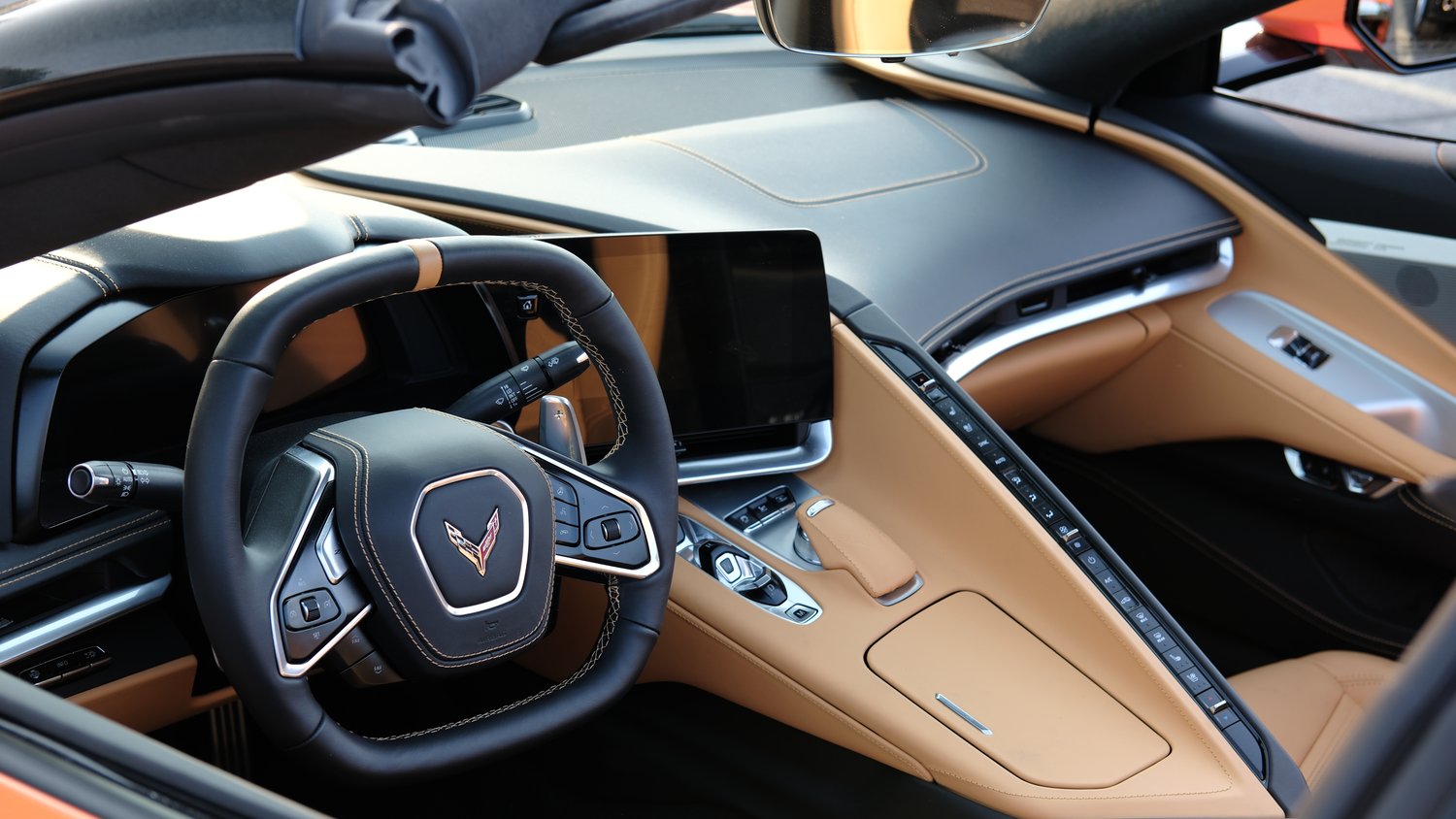 Interior cockpit of a newer Chevy Corvette.