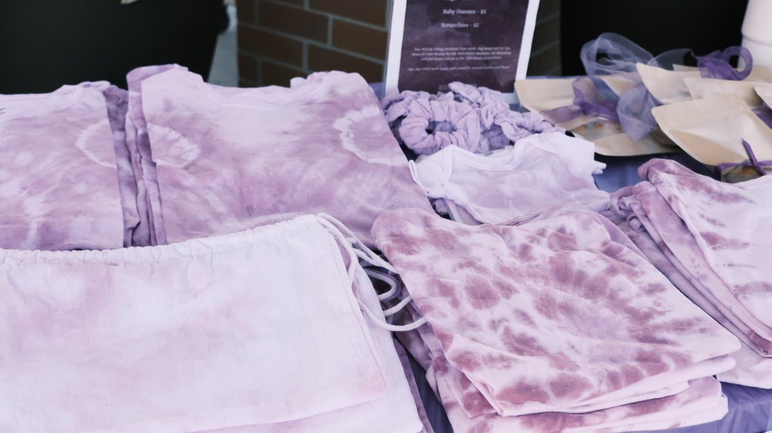 Purple dyed items for sale to benefit Alzheimer's Association.