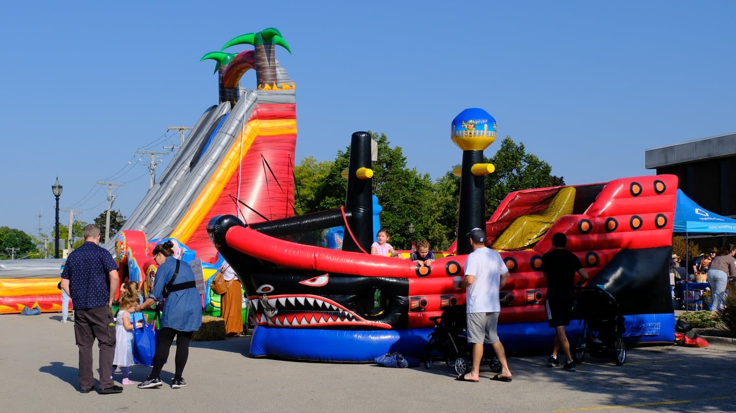 Inflatable pirate ship and the giant slide.