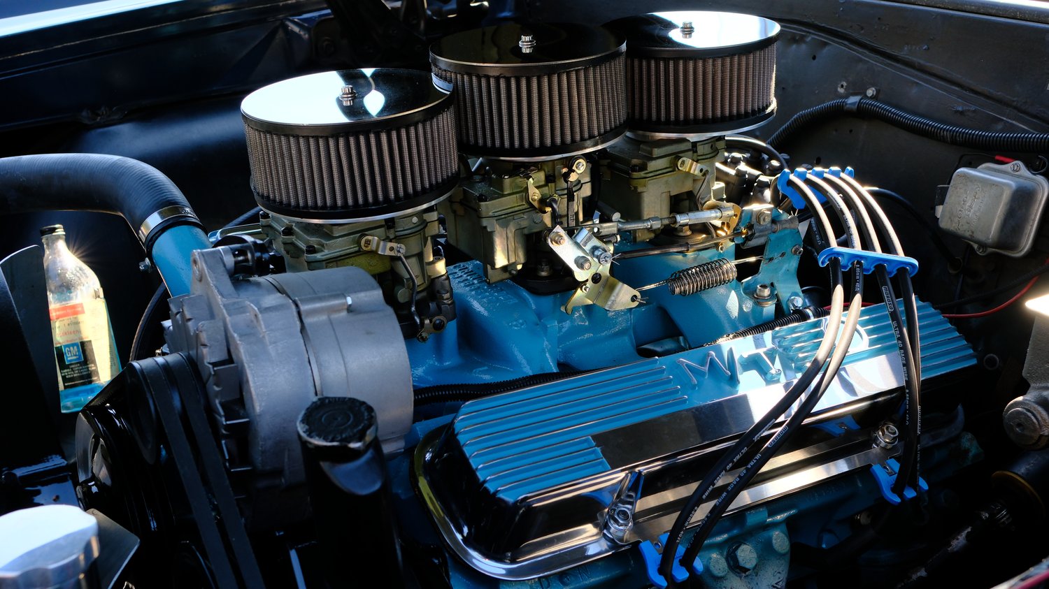 Engine on a 1964 Pontiac GTO.