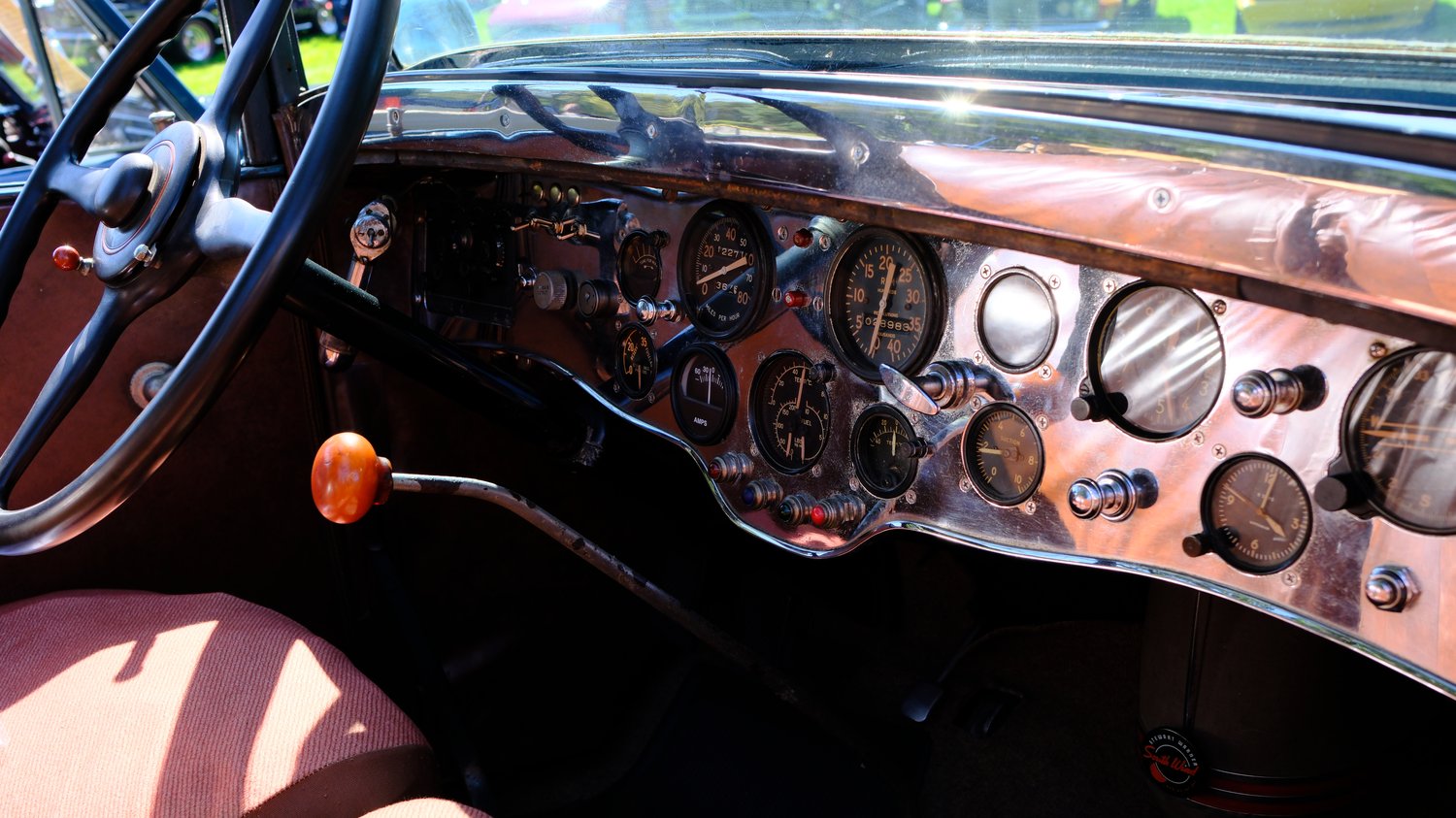 Interior and dash of a 1930 Packard 740.