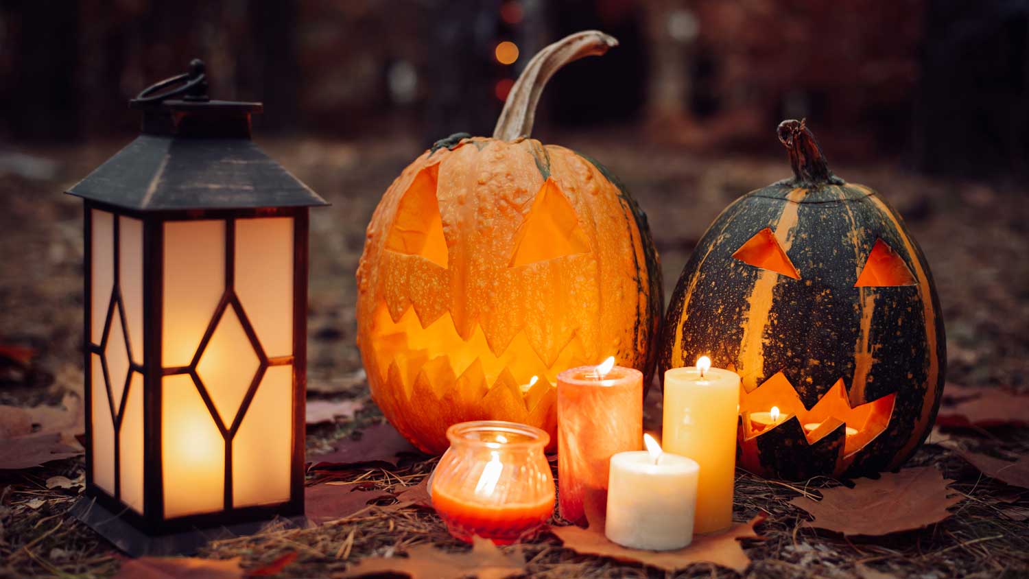 Jack-o-lanterns and candles.