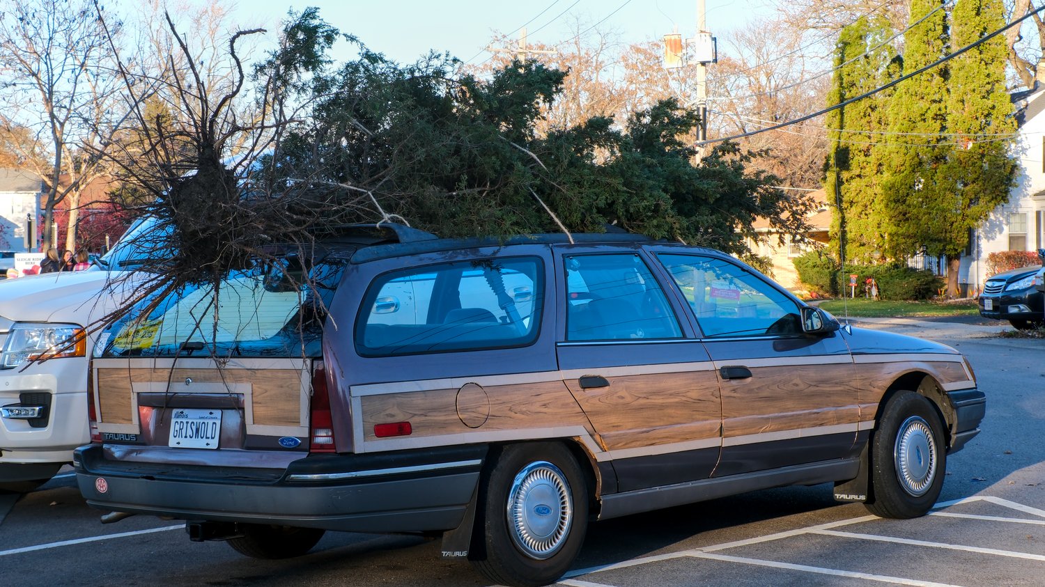 Griswold station wagon with tree on top.