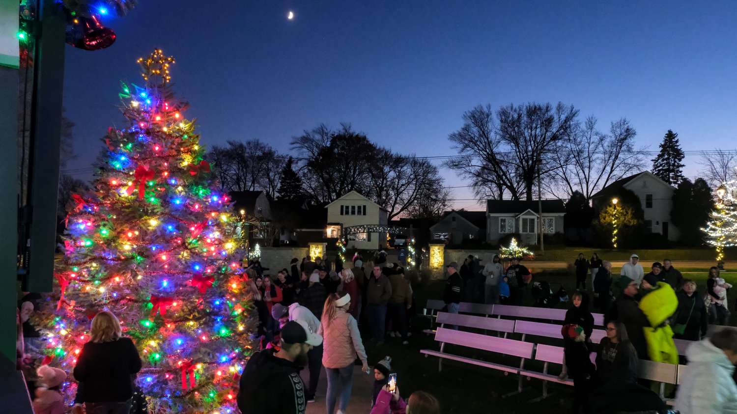 View of Christmas tree and crowd from gazebo.
