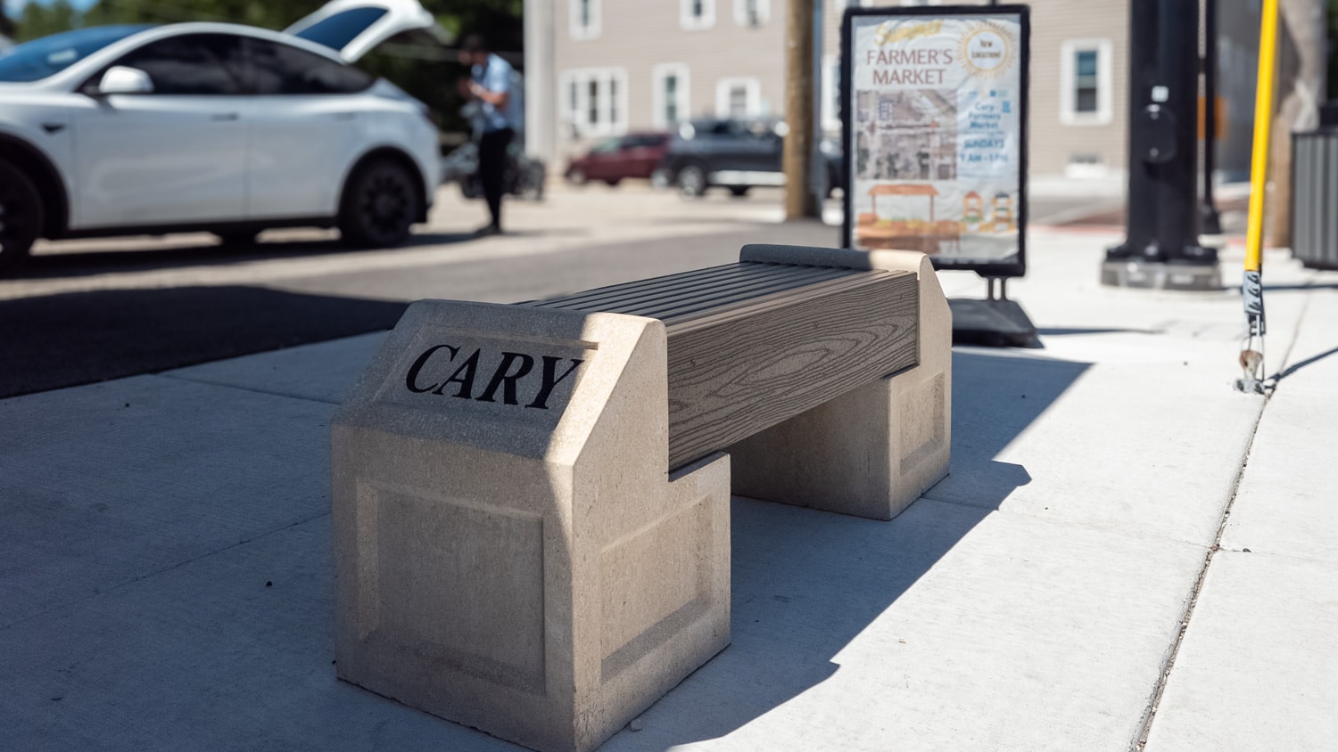 Cary benches in the newly renovated Cary downtown.